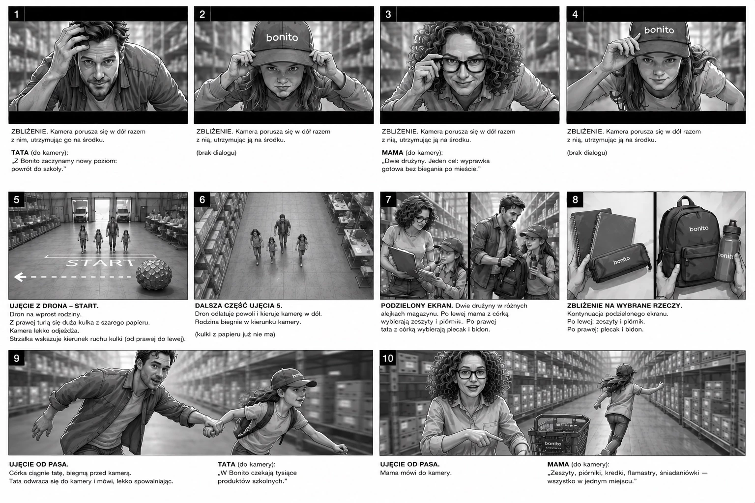 Storyboard board, shots 1 to 10